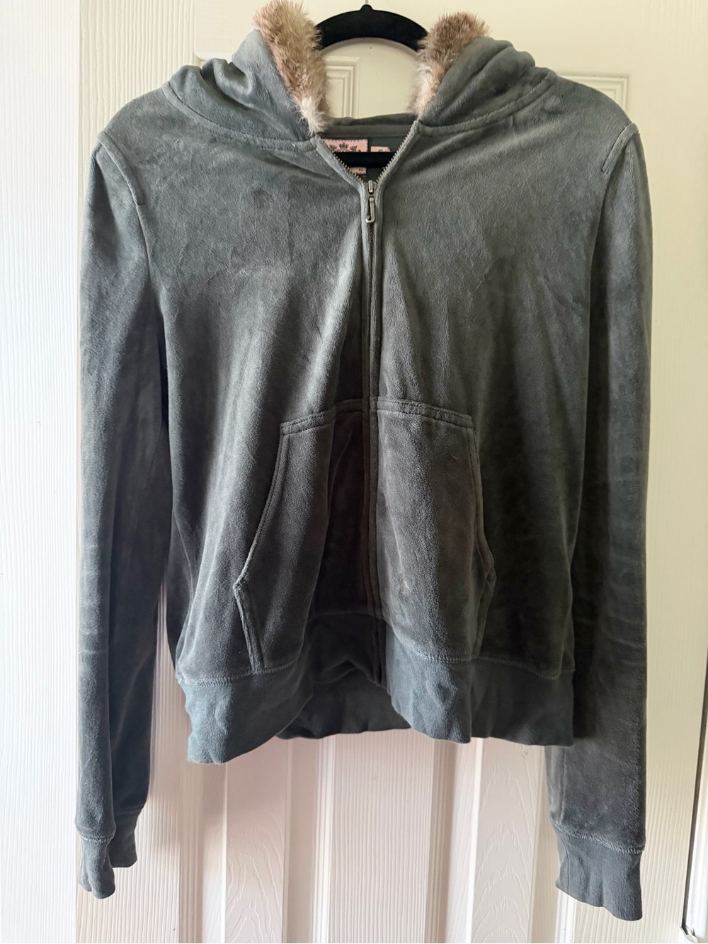 Women’s Gray Hooded Zip-Up Jacket with Faux Fur Trim